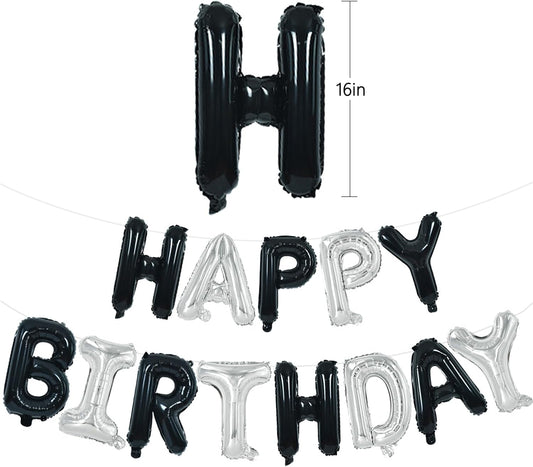 TONIFUL Happy Birthday Balloons Banner with Ribbon Straw, 16 Inch Mylar Letters Birthday Sign Banner Balloon Bunting Reusable for Girls Boys Kids & Adults Birthday Halloween Supplies(Black Silver)