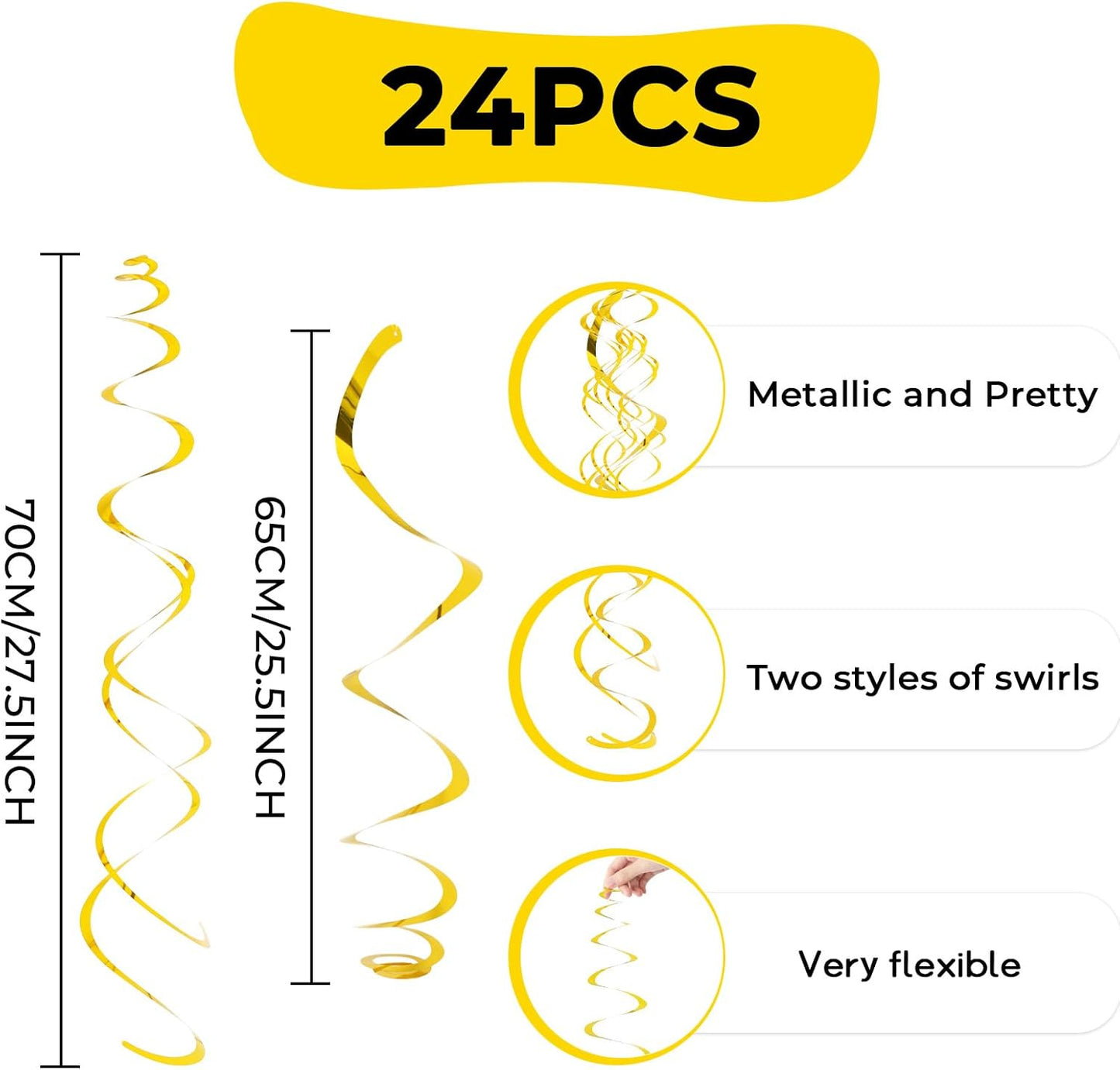 24 PCS Gold Foil Hanging Swirl,Sparkle Ceiling Hanging Decorations, Plastic Streamer Party Decorations,Swirl Decorations with Double-Swirls and Single-Swirls for Birthday,Thanksgiving Day,Baby Shower