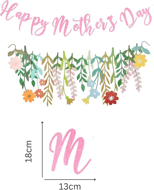Giga Gud Happy Mother's Day Banner Set Decoration for Mom's Day Party Decorations Backdrop Garland for Mom Mother's Day Glitter Garland Photo Props (Pink Letter Flower)