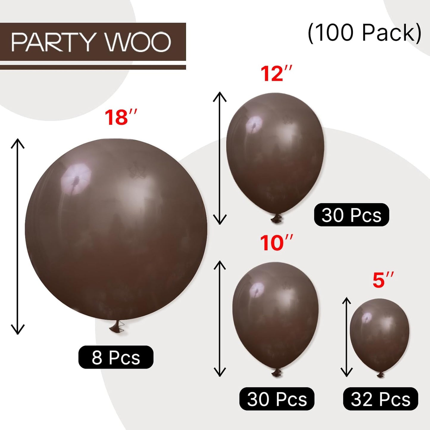 PartyWoo Dark Brown Balloons 100pcs Different Sizes of 18 12 10 5 Inch Boho Coffee Neutral Fall Balloon Arch Kit for Bachelorette Baby Shower Anniversary Birthday Party Decorations Brown-F20