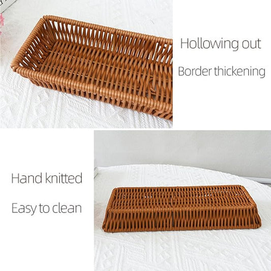 RT&BS Handwoven Utensil Basket, Artisan Mini Bread Basket, Flatware Storage Narrow Baskets for Farmhouse Kitchen, Rustic Dining Table Decor (3pcs, Rectangle)