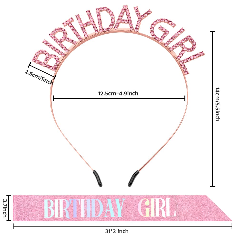 Birthday Sash Birthday Crown for Women, Birthday Girl Sash, Birthday Girl Crown, Glitter Pink Birthday Sash and Crown Rhinestone Headband Set, Happy Birthday Girl Princess Tiara Sash Accessories