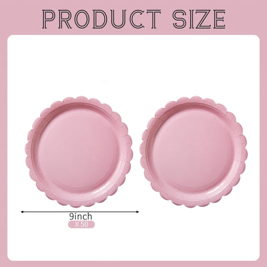 BEFORYOU 50PCS Scalloped Disposable Paper Plates Dessert Cake Party Plates for Baby Shower, Wedding,Bridal Shower Birthday Party Supplies (Pink, 9IN)
