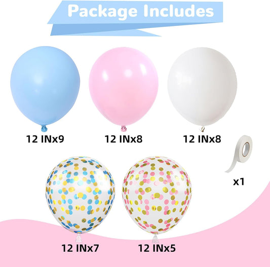Pink and Blue Balloons 12 Inch Pastel Light Baby Blue Pink White Party Balloon with Confetti Latex Balloons for Gender Reveal Boy or Girl Princess Birthday Bridal Baby Shower Party Decorations