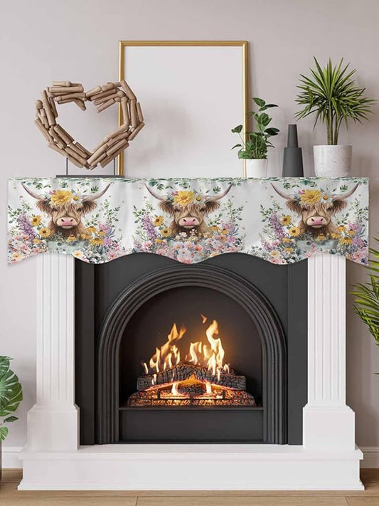 Spring Cow Floral Fireplace Mantel Scarf Table Runner, Green Eucalyptus Leaves Botanical Winter Garland Mantel Top Tablerunners Dresser Scarves Cover for Windows Party Living Room 70''x17''