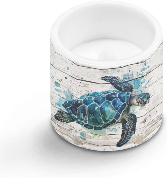 Poceacles 4 Piece Flameless LED Candles with Remote, Plastic Battery-Powered Candles with 12 Colors Changing Decorative Night Light for Home Holiday Decor, Watercolor Sea Turtle Wood Grain