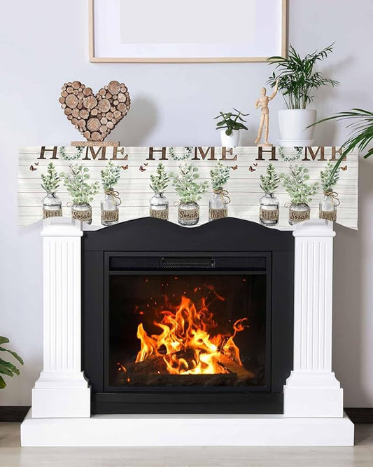 Eucalyptus Leaves Fireplace Mantel Scarf Table Runner, Farmhouse Botanical Plants Wooden Grain Winter Garland Mantel Top Tablerunners Dresser Scarves Decor for Windows Party Living Room 90''x17''