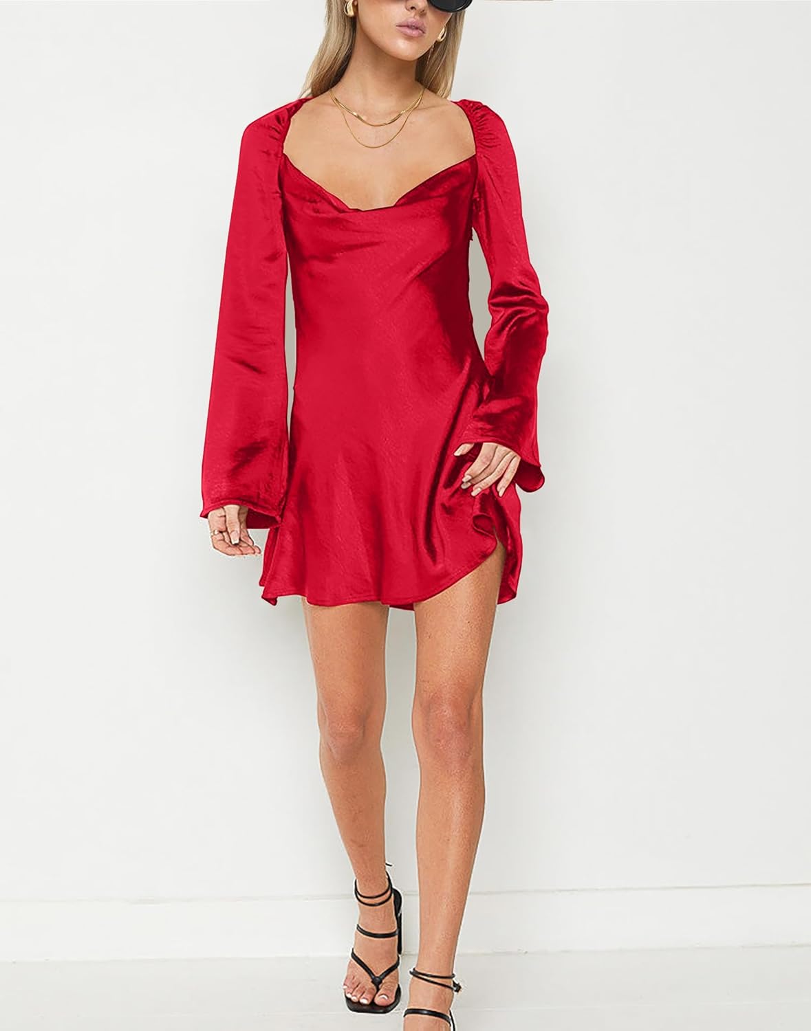 HYPERFIRE Women's Elegant Satin Long Sleeve Cowl Neck Mini Dress Tie Back Cocktail Dress Party Club