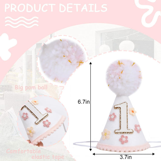 YOUAME Boho Daisy Flower Birthday Party Hat For Girls - Floral First Birthday Decorations, Boho Daisy Felt One Year Cone Hat, Groovy Flower Cake Smash Photo Props