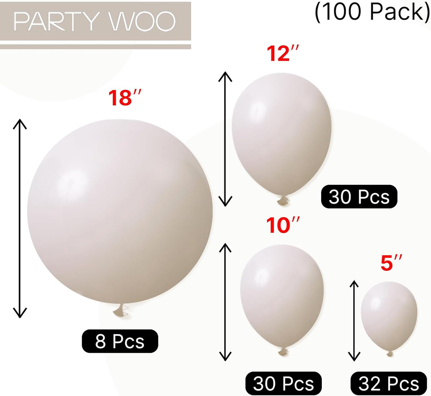 PartyWoo White Sand Balloons 100 pcs Different Sizes Pack of 18 12 10 5 Inch Off White Beige Cream Ivory Balloon Arch Kit Garland for Wedding Bridal Baby Shower Birthday Party Decorations White-F12