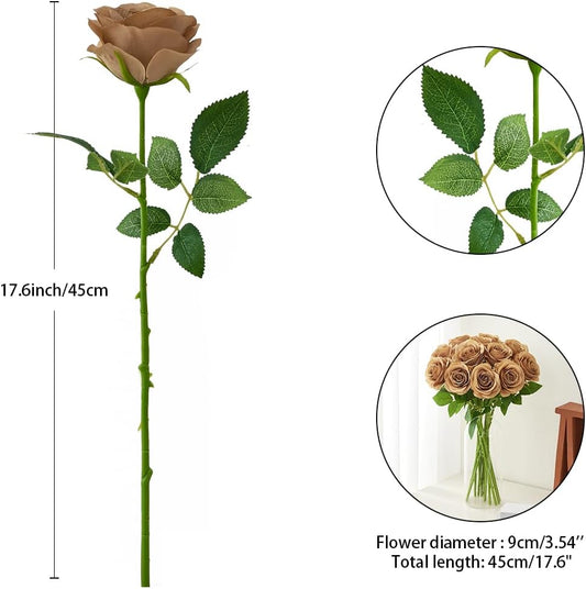 12pcs Coffee Roses Artificial Flowers Fake Roses Silk Flowers Roses with Long Stems for Wedding Home Party Centerpieces Decorations