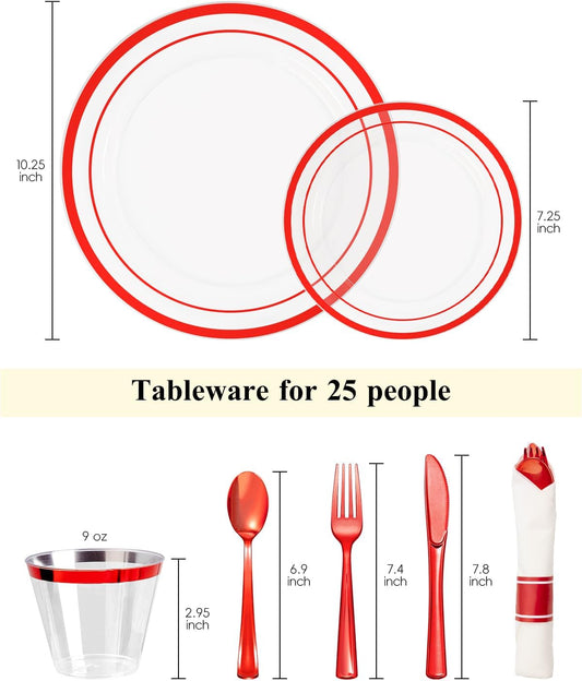 Goodluck 175 Piece Red Plastic Plates, Clear Plastic Silverware Disposable Plates Set, Include 50Plates, 25Pack Pre Rolled Napkins with Silverware, 25Cups for Party, Christmas, Graduation, Wedding