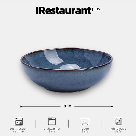 Organic Shape Restaurant Serving Bowl 9", Commerical Grade Catering Stoneware 40oz Bowl in Ir-regular Organic Shape, Chip & Scratch Resistant, Glossy Reactive Glaze Blue, Case of 12