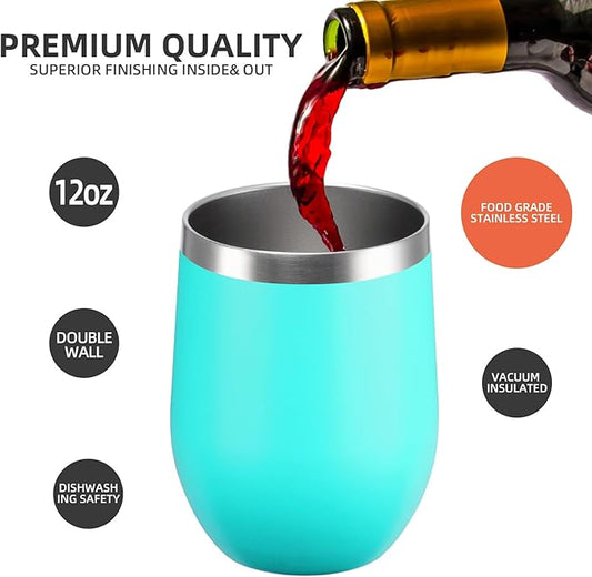 12 oz Insulated Wine Tumbler with Lid and Straw,Stainless Steel Stemless Wine Tumbler Glasses Double Wall Vacuum Wine Cups Tumbler Bulk for Coffee,Champaign,Office(Mint Green,4)