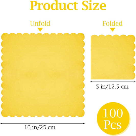 100 Pcs Cocktail Napkins, 2-Ply 5 x 5 Inches Disposable Scalloped Napkins, Thick Premium Dessert Napkins for Party, Wedding, Dinner, Birthday, Anniversary, Festival (Yellow)