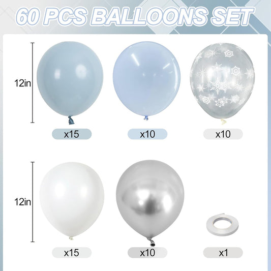 Blue Winter Wonderland Balloons, 60 PCS 12 Inch Snowflake Balloons Dusty Light Baby Blue White and Silver Balloon for Boy Baby Shower Winter Christmas Holiday Birthday Party Decorations