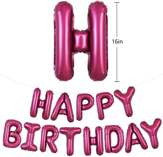 TONIFUL Happy Birthday Balloons Banner with Ribbon Straw,16 Inch Mylar Letters Birthday Sign Banner Balloon Bunting Reusable for Kids & Adults Construction Birthday Party Supplies(Wine Red)