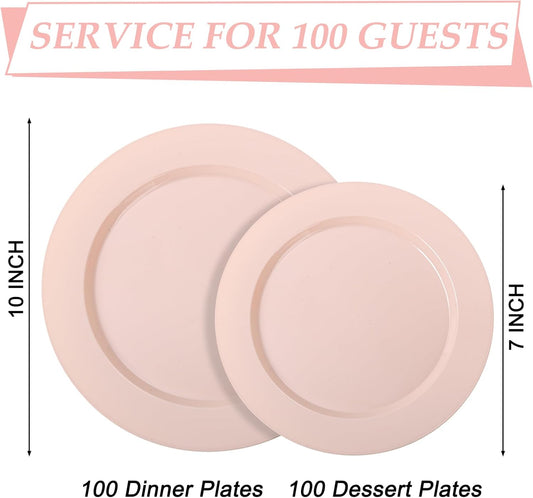 FLOWERCAT 200PCS Pink Plastic Plates Disposable Plates for Party - Heavy Duty Plastic Plates - 100 10" Pink Dinner Plates and 100 7" Pink Salad Plates for Weddings, Easter Parties,Mother's Day