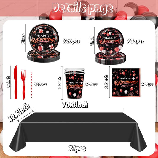 141pcs Retirement Party Decorations,Black Red Party disposable tableware Includes Dinner Plate Dessert Plate Paper Napkin Cup Knife Fork Straws Tablecloth Black Red Rose Gold Retirement Supplies set