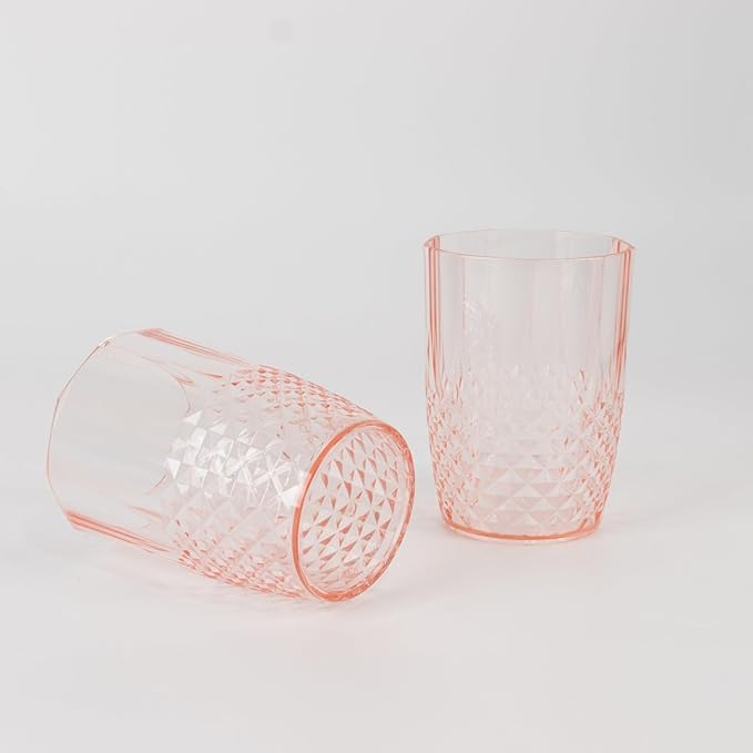 Efavormart 6-Pack Plastic Tumblers, 16oz Unbreakable Drinking Glasses Crystal Cut Style Transparent Blush - Shatterproof Short Cups