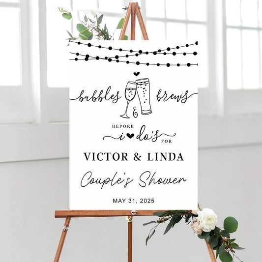 Personalized Greenery Eucalyptus Bubbles and Brews Couples Shower Welcome Sign, Gold Modern Minimalist Wedding Shower Bridal Party Decoration, Outdoor Plastic Sign Weatherproof #5
