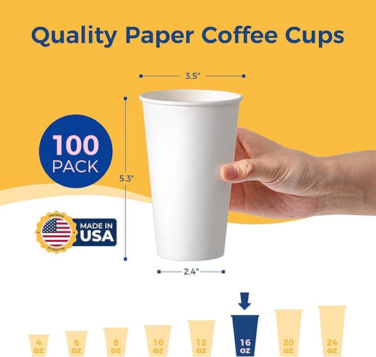 Fit Meal Prep 100 Pack 16 oz Disposable Paper Coffee Cups, Premium Hot Cups for Hot/Cold Beverage, Durable Thickened White Paper Cup Bulk for Party, Office, Bussines, Cafes, Bistros, Daily Use