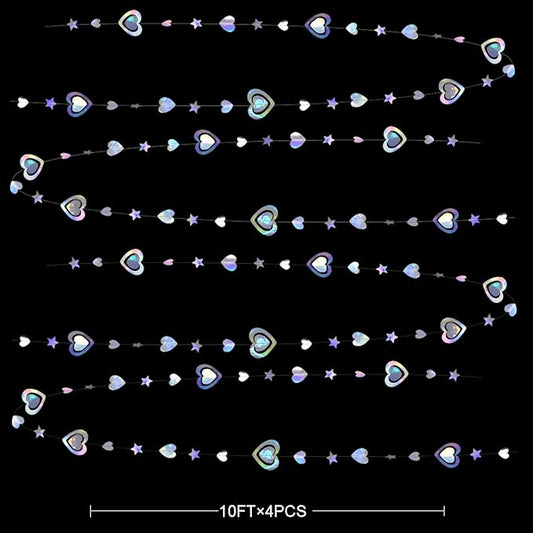40Ft Iridescent 3D Heart Twinkle Star Garland Holographic Paper Streamer Banner for Birthday Mother's Day Anniversary Engagement Wedding Bridal Baby Shower Hen Valentines Day Party Decoration Supplies