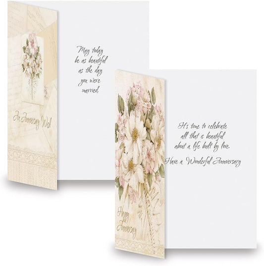 Bouquet Anniversary Wishes Greeting Cards - Set of 8 (4 designs), Large 5" x 7" Wedding Cards with Sentiments Inside, White Envelopes