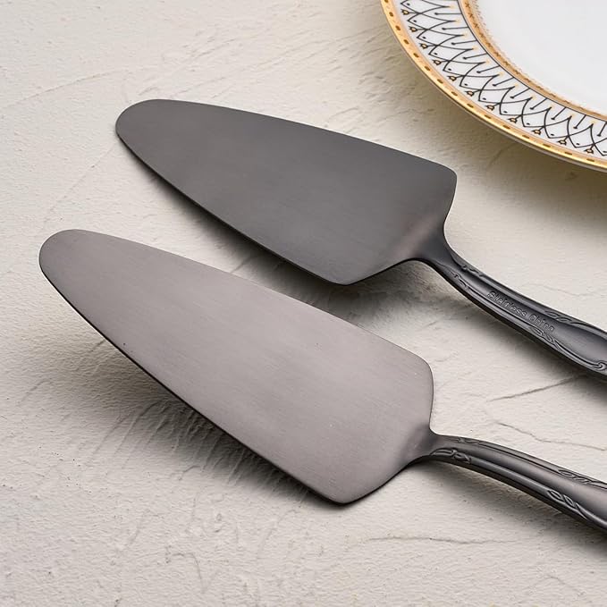Deeny Jarte 3-Piece Cake Server Set - 9.3-Inch Matte Black 430 Stainless Steel with Rose Handle Design - Ideal for Cake, Pie, Pizza, and Dessert Serving - Dishwasher Safe Pastry Server Set