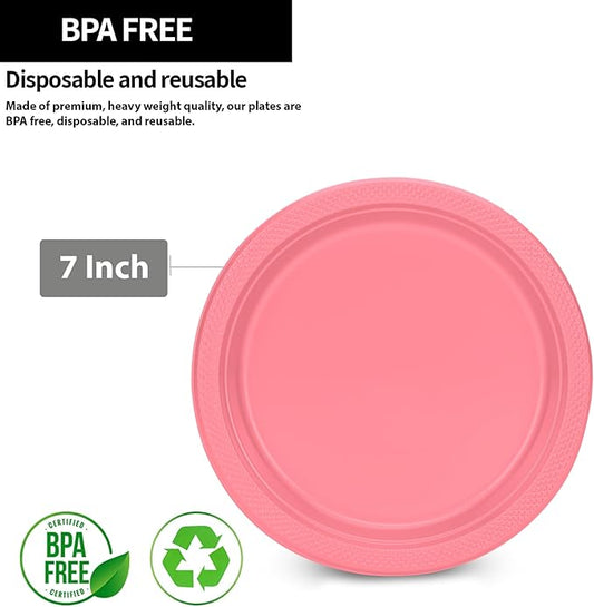 Hanna K. Signature Pink Plastic Plates - 7 Inch, 600 Count - Solid Round Party Plates for Weddings, BBQs & Birthdays