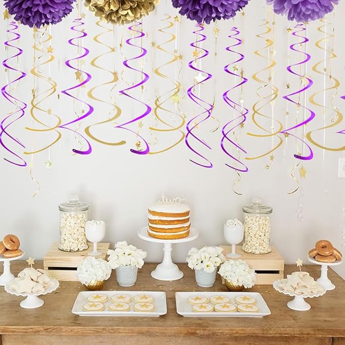 MOWO Gold and Purple Foil Swirl Hanging Decoration Streamer for Birthday Graduation Wedding Pride Theme Party Supplies, Pack of 20