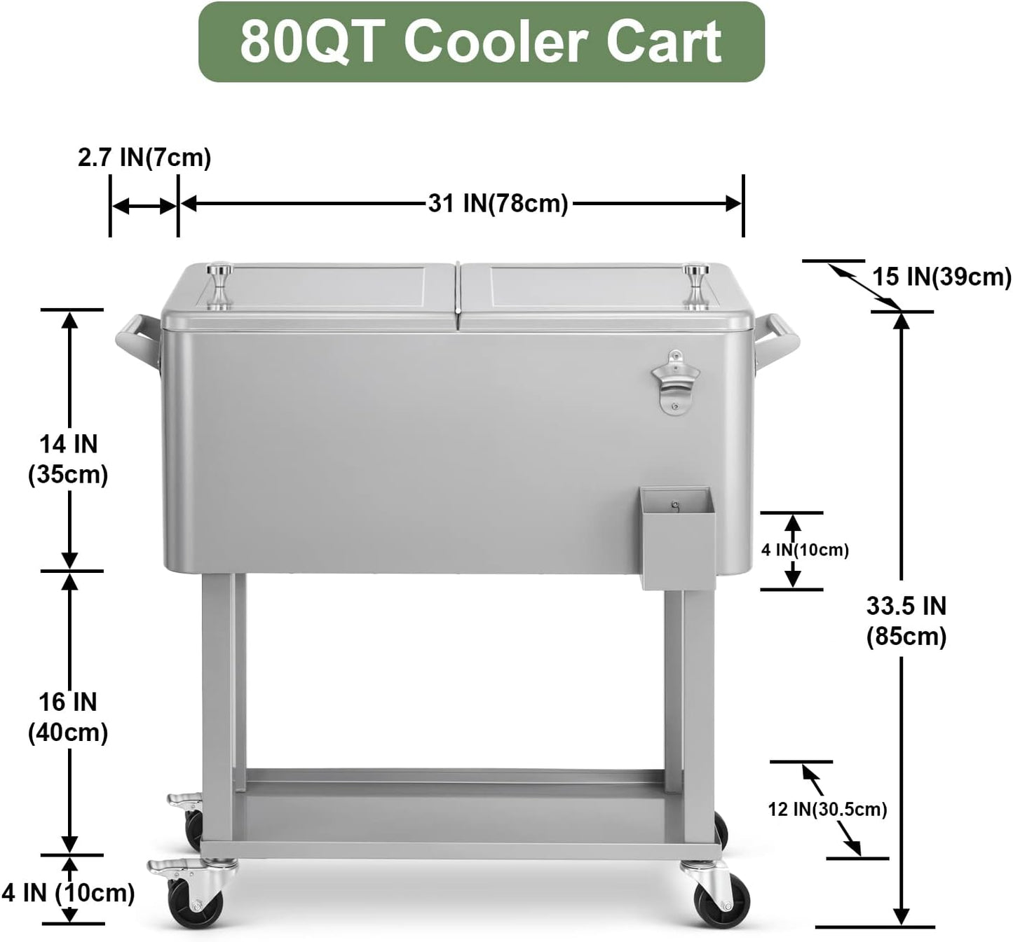 EDOSTORY 80 Quart Rolling Ice Chest Cooler Cart,Patio Backyard Party Drink Beverage Bar Stand Up Cooler Trolley with Ice Scoop