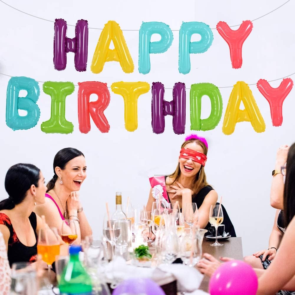 TONIFUL Coloful Macaron Rainbow Happy Birthday Balloons Banner with Ribbon Straw, 16 Inch Mylar Foil Letters Birthday Sign Bunting Reusable for Girls Boys Kids & Adults Birthday
