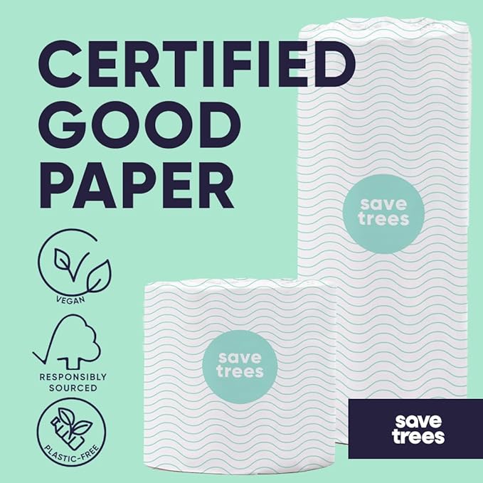 Save Trees Bamboo Paper Towels 6pk - 750 Sheets Paper Towels Rolls Ultra Absorbent & Durable Eco-Friendly - FSC-Certified, totally Plastic-Free, and Vegan