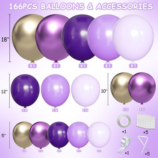 Purple and Gold Balloons Arch Kit, 166Pcs Dark Purple Metallic Lavender Lilac Violet Gold Chrome Balloons for Baby Shower Girl Princess Party Wedding Decorations
