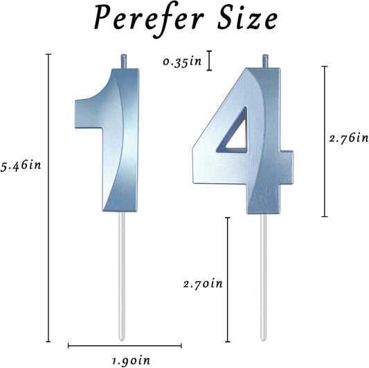Blue Number 14 Candles, 3D Diamond 2.76 Inch Cake Topper Birthday Candles for Wedding Anniversary Cake Decorations, Happy Birthday Party Decorations
