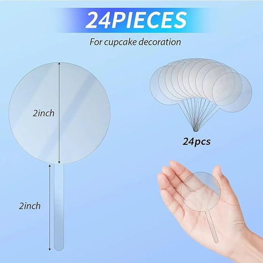 24 Pcs 2 Inch Clear Blank Acrylic Cupcake Toppers Round DIY Custom Cupcake Topper,Personalized Cupcake Topper Sticks for Birthday Party Baby Shower Wedding Party Decoration
