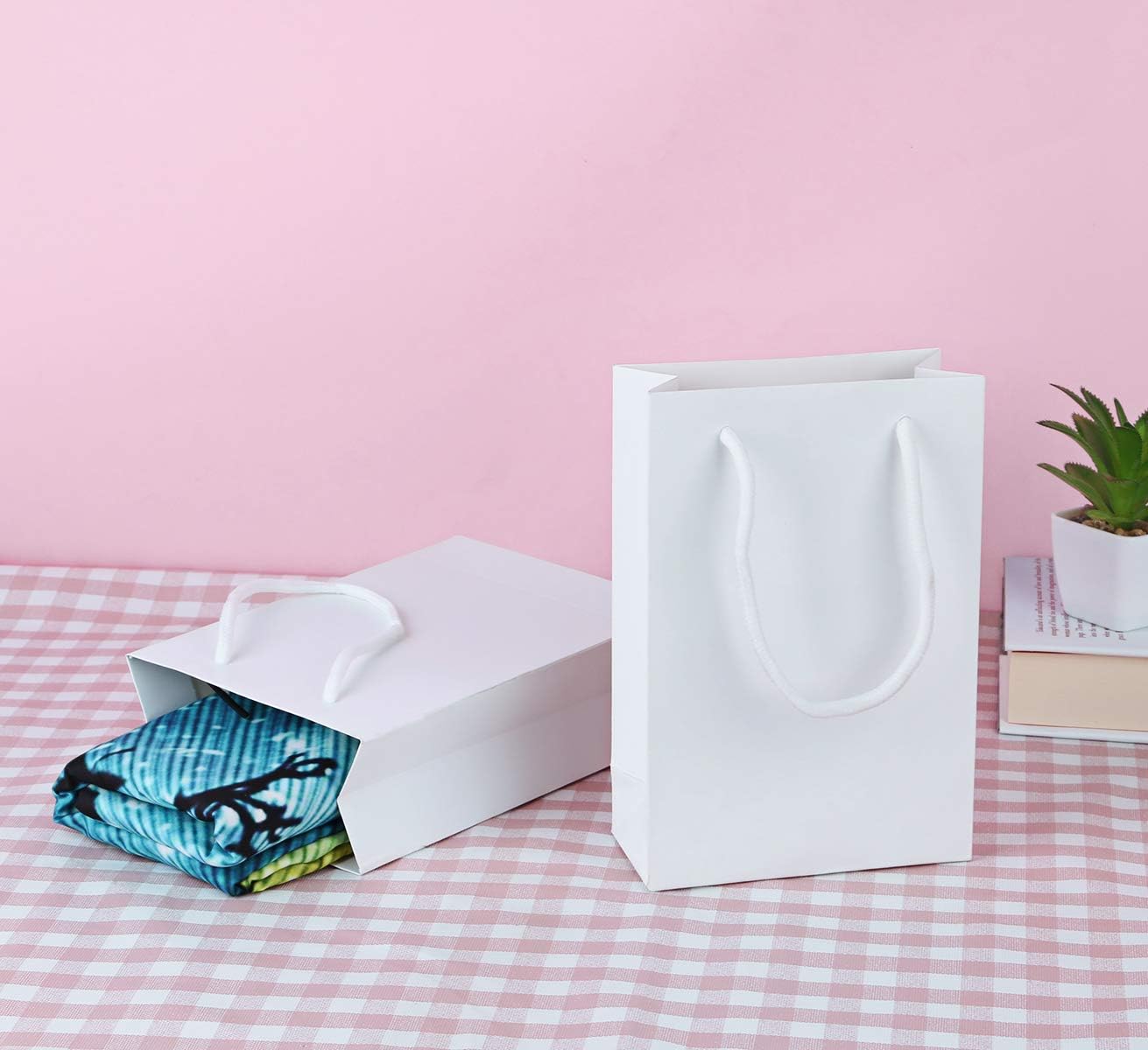 Driew Kraft Paper Bags, Small Gift Bags 5x2x7.5 inches with Cotton Handle Pack of 50 (White)