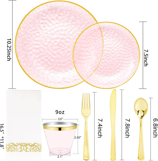 Rubtlamp 350 Pcs Clear Pink Plastic Plates, Pink Gold Plastic Dinnerware Set (50 Guests), Disposable Plates With Gold Rim, Hammered Party Plates Set for Wedding And Party