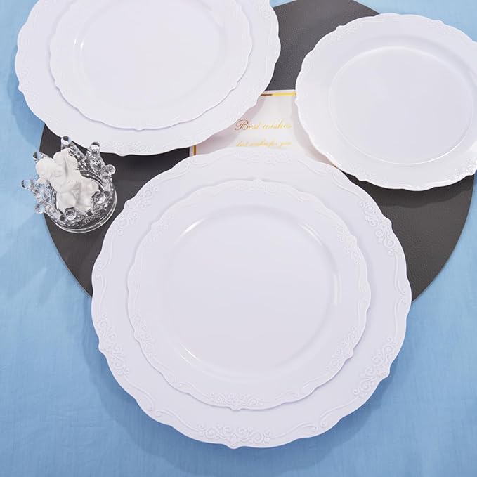 U-QE 60PCS White-Plastic-Plates for Party - High End Disposable Plates for Weddings - White Plates Disposable Heavy Duty Including 30PCS 10.25'' Dinner Plates & 30PCS 7.5'' Dessert Plates