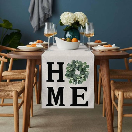 Home Green Eucalyptus Leaves Garland Table Runner 36 Inches Long Cotton Linen Dresser Scarves for Kitchen Daily Use Family Dinners Party Gathering Home Decor Retro Linen Table Runners