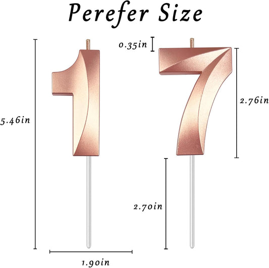 Rose Gold Number 17 Candles, 3D Diamond 2.76 Inch Cake Topper Birthday Candles for Wedding Anniversary Cake Decorations, Happy Birthday Party Decorations