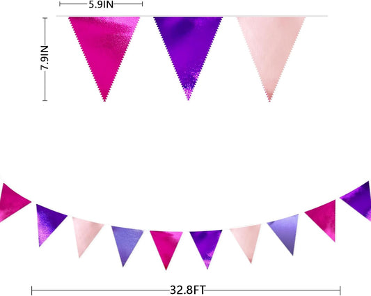 Pink and Purple Party Decorations Metallic Hot Pink Lavender Fabric Triangle Pennant Banner Flag Bunting Garland for Girls Women Birthday Wedding Baby Shower Bachelorette Engagement Party Supplies