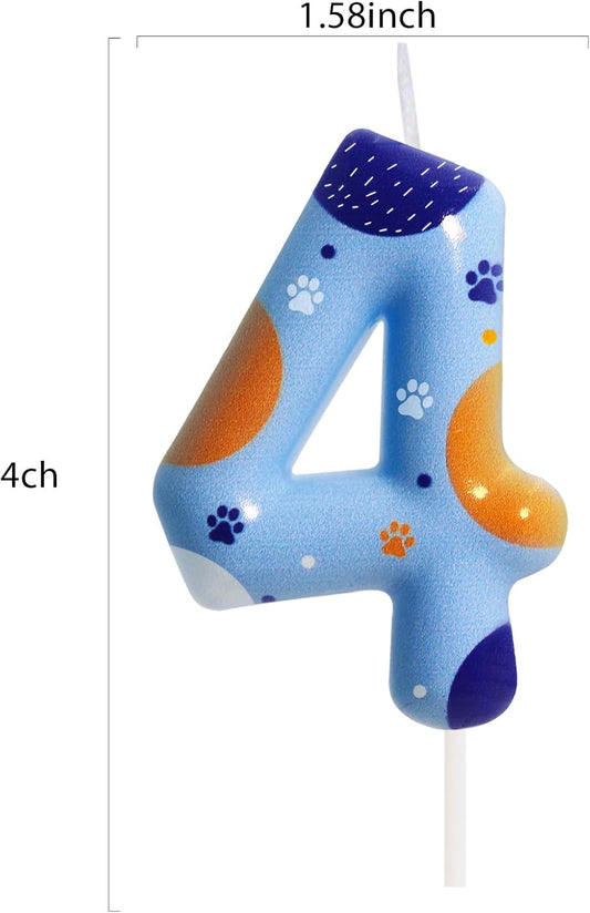 Blue Dog Paw Birthday Candles, Number 4 Print Party Supplies, 2.76 Inch Cake Topper Decorations (Number 4)