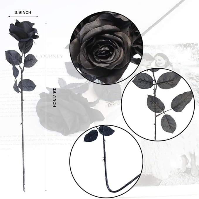 Black Roses Artificial Flowers, 12 Pcs Fake Rose in Bulk, Long Stem Realistic Silk Roses Bouquet for Centerpieces Flower Arrangement, Halloween Home Decor, Gothic Decoration (Black2, 12-PCS)