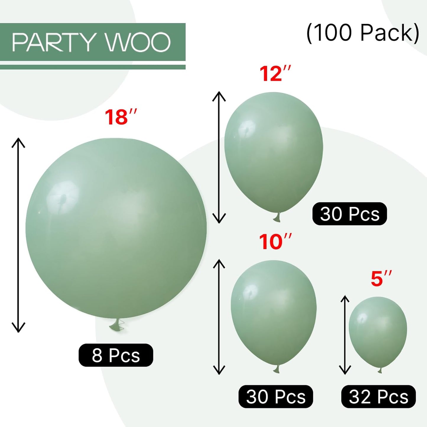 PartyWoo Dusty Green Balloons 100 pcs Different Sizes of 18 12 10 5 Inch Matte Sage Olive Boho Green Eucalyptus Latex Balloon Arch Kit Garland for Wedding Baby Shower Party Decorations Green-F03
