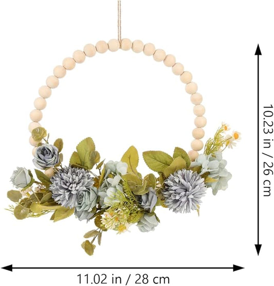 DECHOUS Wood Bead Garland Floral Hoop Wreath Wall Hanging Decor Artificial Flower with Eucalyptus Leaves Hanging Hoop Wreath for Thanksgiving Xmas Wedding Arch Backdrop Door Dark Blue