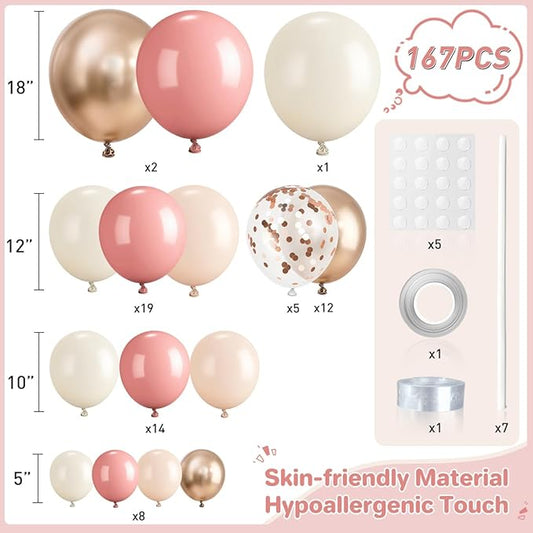 Dusty Pink and White Balloon Garland Arch Kit, 167Pcs Retro Pink Sand Smoke Champagne Gold Latex Balloons for Women Girl Birthday Bridal Baby Shower Wedding Party Decorations