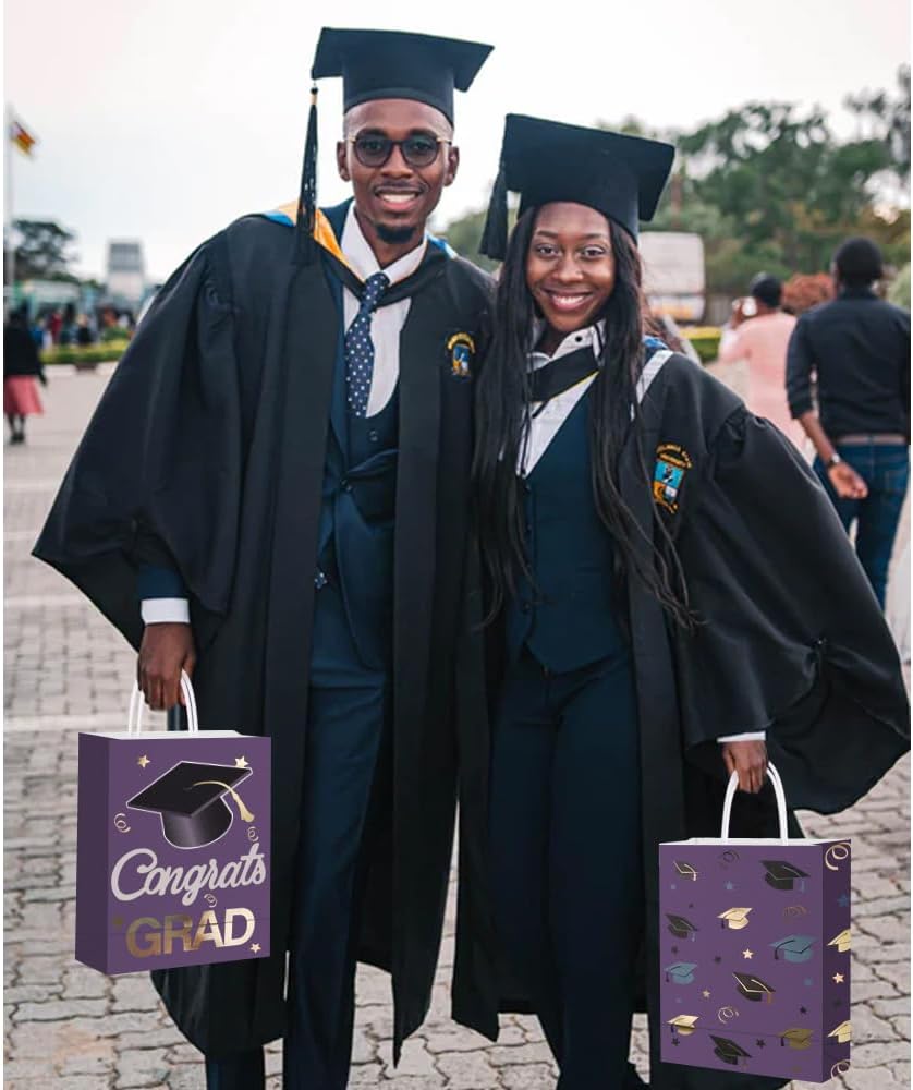 12 Pieces Graduate Gift Bags, Graduation Party Favor Gifts Wrapping Bags for Graduation Season Theme Party Supplies Decoration (Purple Gold)