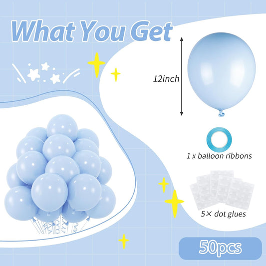 50pcs Pastel Blue Balloons, 12inch Light Blue Balloon for Birthday Baby Shower Gender Reveal Wedding Party Decoration (With Ribbon & Glue)